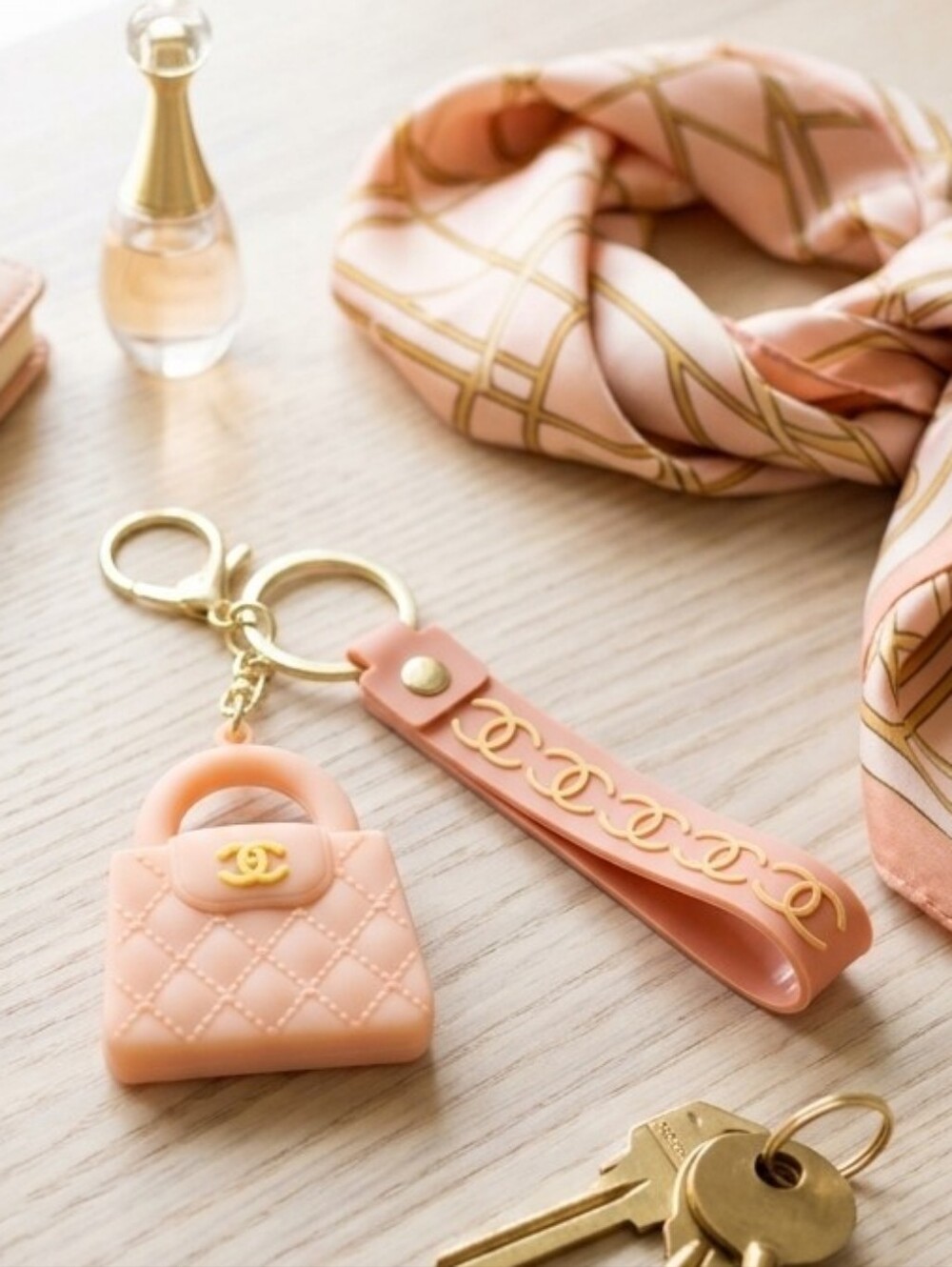 Designer Inspired Peach Quilted Mini Bag Key & Strap with Gold Hardware
